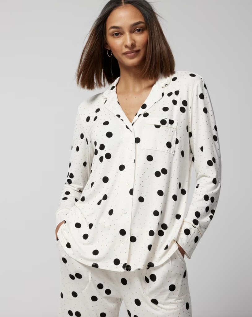 woman in button up pajamas
